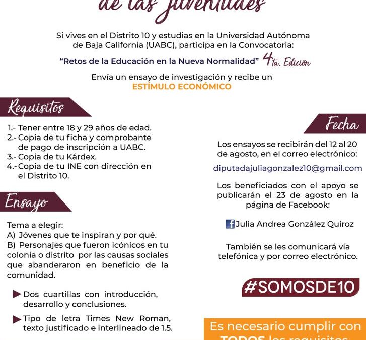 Invita Diputada Julia González estudiantes del distrito 10 a participar en la Convocatoria de las Juventudes